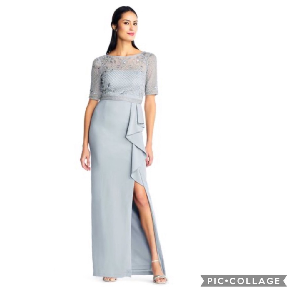 Adrianna-Papell elbow length sleeve beaded bodice long gown - Picture 7 of 14